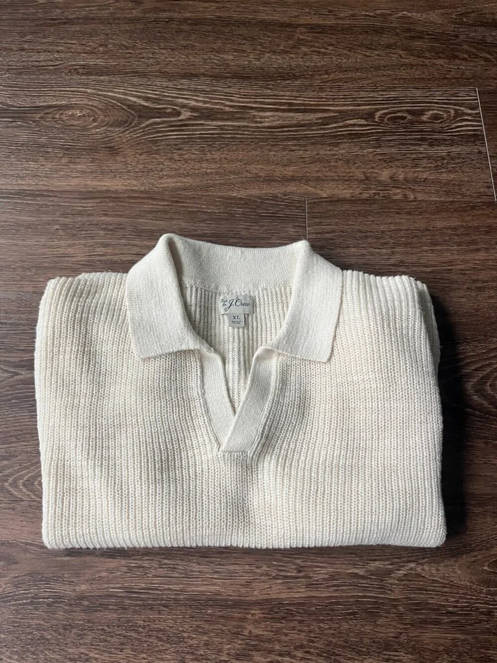 Short-sleeve linen-cotton blend johnny-collar sweater-polo